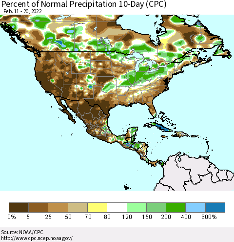 North America Percent of Normal Precipitation 10-Day (CPC) Thematic Map For 2/11/2022 - 2/20/2022