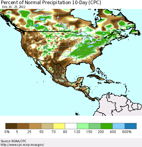 North America Percent of Normal Precipitation 10-Day (CPC) Thematic Map For 2/16/2022 - 2/25/2022