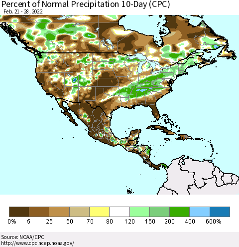 North America Percent of Normal Precipitation 10-Day (CPC) Thematic Map For 2/21/2022 - 2/28/2022