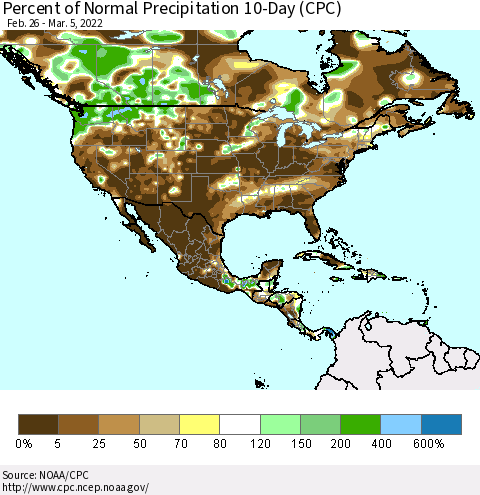 North America Percent of Normal Precipitation 10-Day (CPC) Thematic Map For 2/26/2022 - 3/5/2022