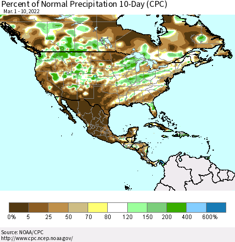 North America Percent of Normal Precipitation 10-Day (CPC) Thematic Map For 3/1/2022 - 3/10/2022