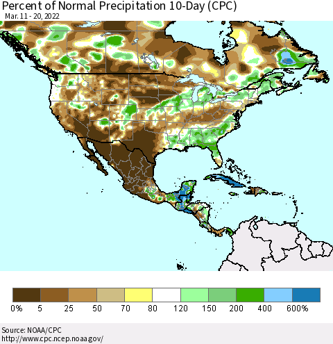 North America Percent of Normal Precipitation 10-Day (CPC) Thematic Map For 3/11/2022 - 3/20/2022