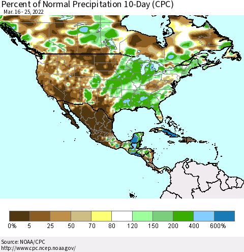 North America Percent of Normal Precipitation 10-Day (CPC) Thematic Map For 3/16/2022 - 3/25/2022