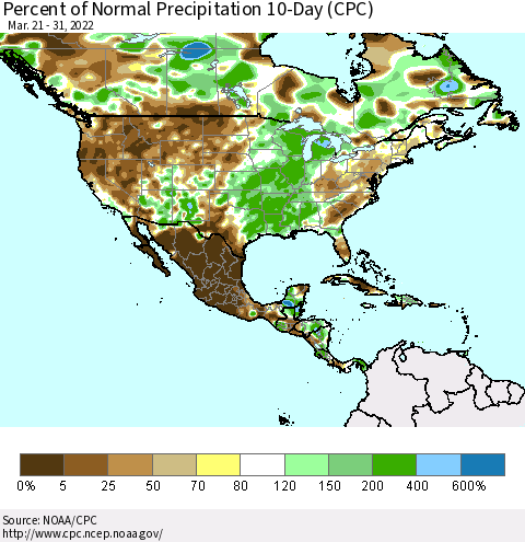 North America Percent of Normal Precipitation 10-Day (CPC) Thematic Map For 3/21/2022 - 3/31/2022