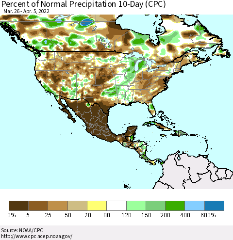 North America Percent of Normal Precipitation 10-Day (CPC) Thematic Map For 3/26/2022 - 4/5/2022