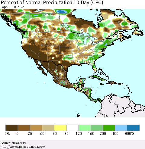 North America Percent of Normal Precipitation 10-Day (CPC) Thematic Map For 4/1/2022 - 4/10/2022