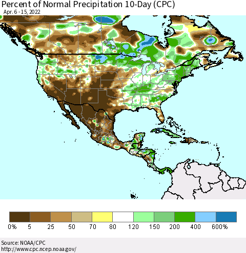 North America Percent of Normal Precipitation 10-Day (CPC) Thematic Map For 4/6/2022 - 4/15/2022