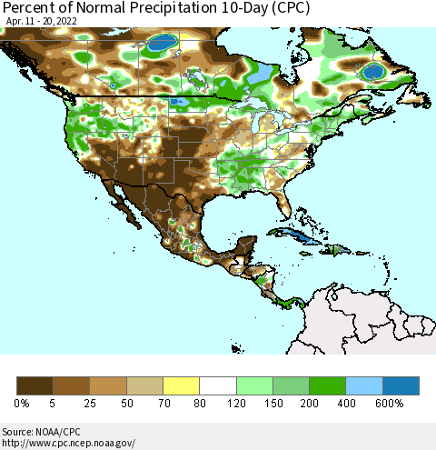 North America Percent of Normal Precipitation 10-Day (CPC) Thematic Map For 4/11/2022 - 4/20/2022