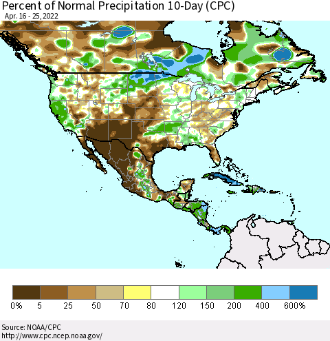 North America Percent of Normal Precipitation 10-Day (CPC) Thematic Map For 4/16/2022 - 4/25/2022