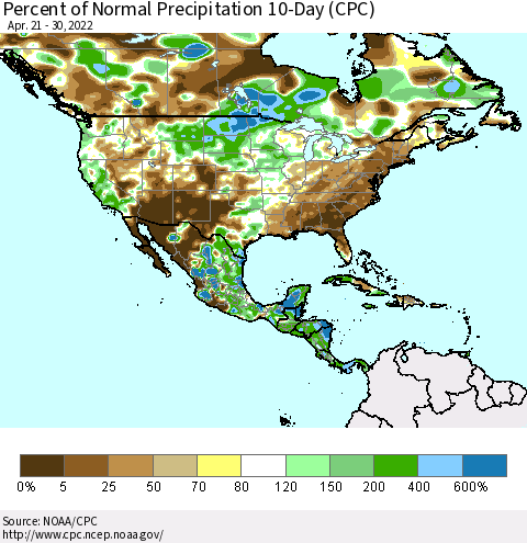 North America Percent of Normal Precipitation 10-Day (CPC) Thematic Map For 4/21/2022 - 4/30/2022