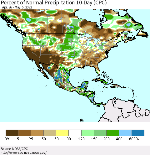 North America Percent of Normal Precipitation 10-Day (CPC) Thematic Map For 4/26/2022 - 5/5/2022