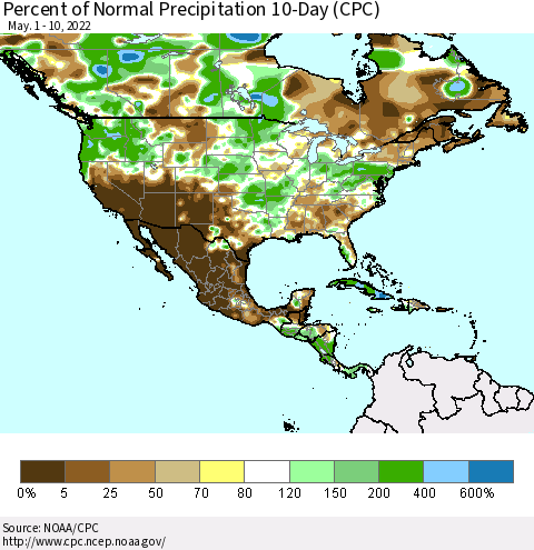 North America Percent of Normal Precipitation 10-Day (CPC) Thematic Map For 5/1/2022 - 5/10/2022