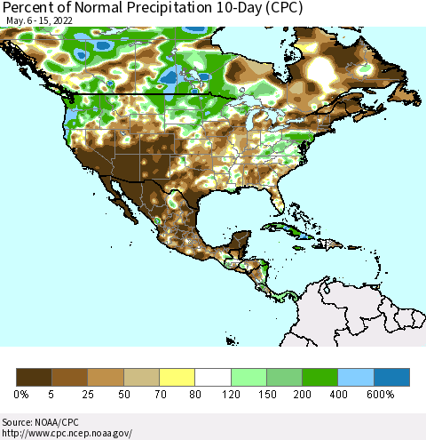 North America Percent of Normal Precipitation 10-Day (CPC) Thematic Map For 5/6/2022 - 5/15/2022