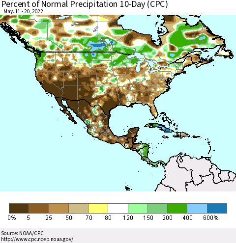 North America Percent of Normal Precipitation 10-Day (CPC) Thematic Map For 5/11/2022 - 5/20/2022