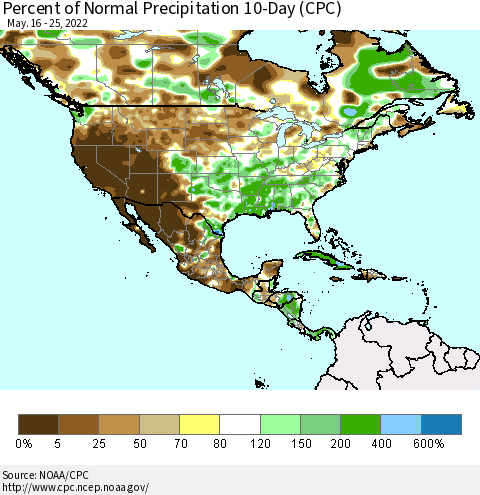 North America Percent of Normal Precipitation 10-Day (CPC) Thematic Map For 5/16/2022 - 5/25/2022