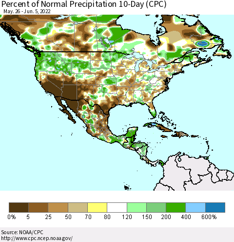 North America Percent of Normal Precipitation 10-Day (CPC) Thematic Map For 5/26/2022 - 6/5/2022
