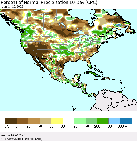 North America Percent of Normal Precipitation 10-Day (CPC) Thematic Map For 6/1/2022 - 6/10/2022