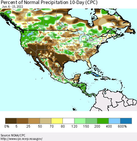 North America Percent of Normal Precipitation 10-Day (CPC) Thematic Map For 6/6/2022 - 6/15/2022