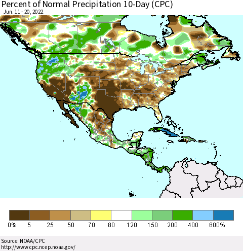 North America Percent of Normal Precipitation 10-Day (CPC) Thematic Map For 6/11/2022 - 6/20/2022