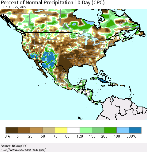 North America Percent of Normal Precipitation 10-Day (CPC) Thematic Map For 6/16/2022 - 6/25/2022