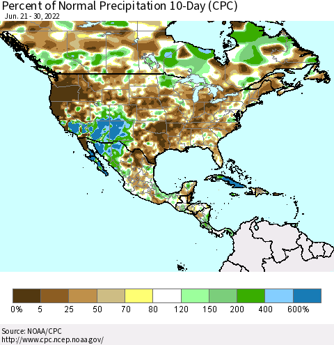 North America Percent of Normal Precipitation 10-Day (CPC) Thematic Map For 6/21/2022 - 6/30/2022