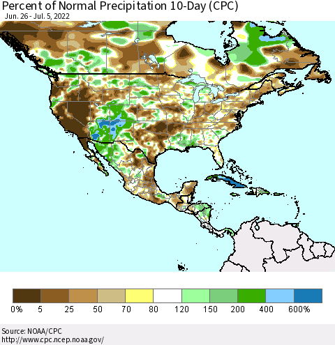 North America Percent of Normal Precipitation 10-Day (CPC) Thematic Map For 6/26/2022 - 7/5/2022