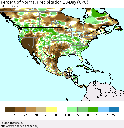 North America Percent of Normal Precipitation 10-Day (CPC) Thematic Map For 7/1/2022 - 7/10/2022