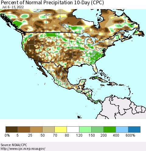 North America Percent of Normal Precipitation 10-Day (CPC) Thematic Map For 7/6/2022 - 7/15/2022