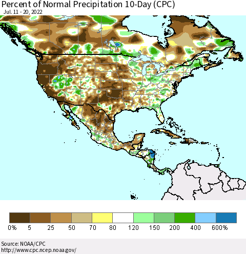 North America Percent of Normal Precipitation 10-Day (CPC) Thematic Map For 7/11/2022 - 7/20/2022