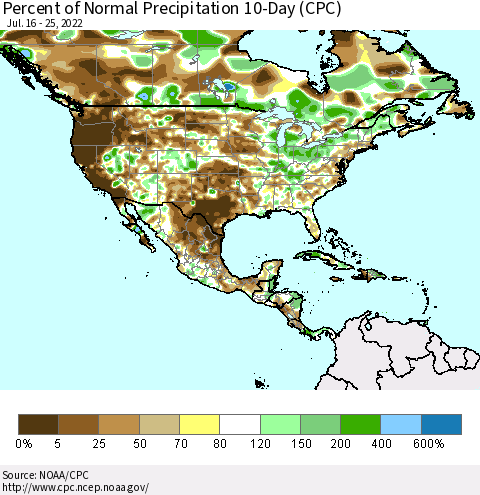 North America Percent of Normal Precipitation 10-Day (CPC) Thematic Map For 7/16/2022 - 7/25/2022