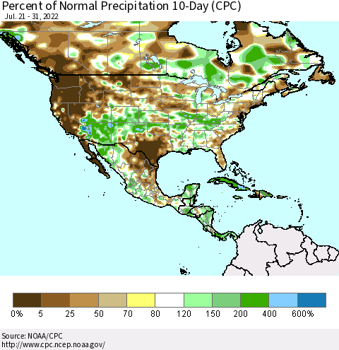 North America Percent of Normal Precipitation 10-Day (CPC) Thematic Map For 7/21/2022 - 7/31/2022