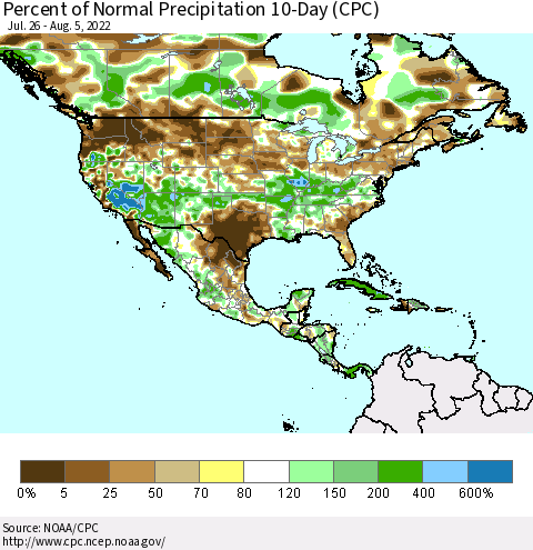 North America Percent of Normal Precipitation 10-Day (CPC) Thematic Map For 7/26/2022 - 8/5/2022