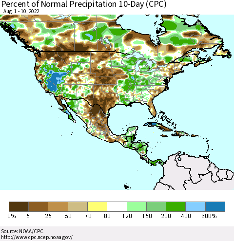 North America Percent of Normal Precipitation 10-Day (CPC) Thematic Map For 8/1/2022 - 8/10/2022
