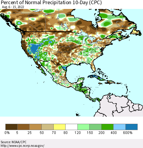 North America Percent of Normal Precipitation 10-Day (CPC) Thematic Map For 8/6/2022 - 8/15/2022