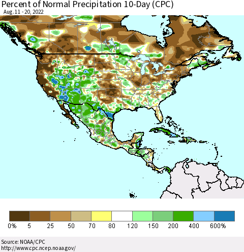 North America Percent of Normal Precipitation 10-Day (CPC) Thematic Map For 8/11/2022 - 8/20/2022
