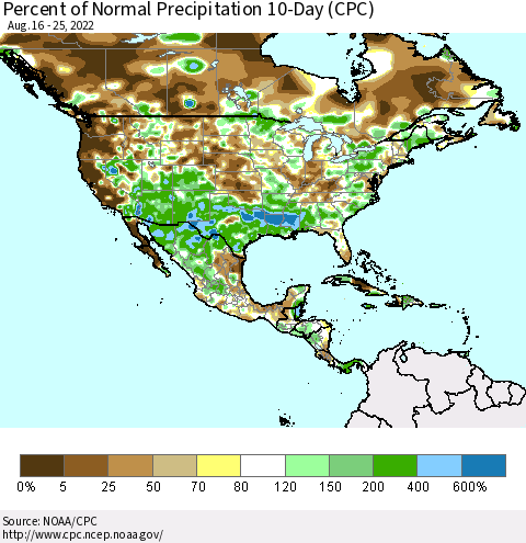 North America Percent of Normal Precipitation 10-Day (CPC) Thematic Map For 8/16/2022 - 8/25/2022