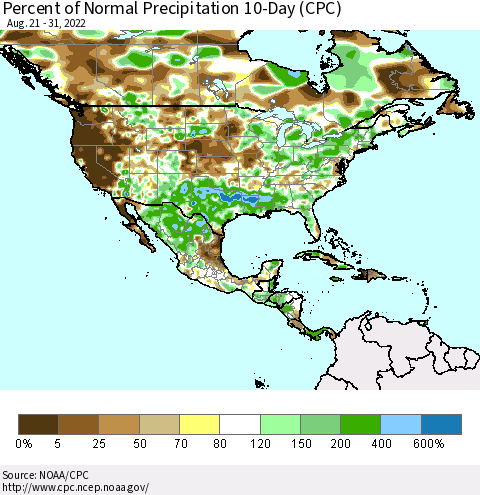 North America Percent of Normal Precipitation 10-Day (CPC) Thematic Map For 8/21/2022 - 8/31/2022