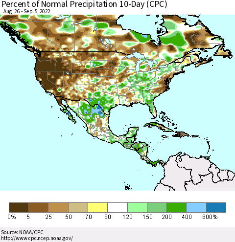 North America Percent of Normal Precipitation 10-Day (CPC) Thematic Map For 8/26/2022 - 9/5/2022