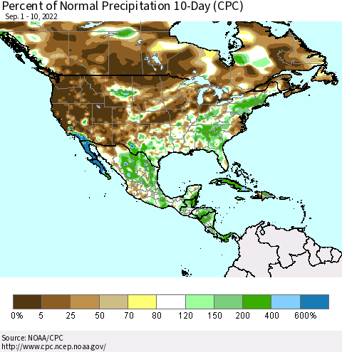 North America Percent of Normal Precipitation 10-Day (CPC) Thematic Map For 9/1/2022 - 9/10/2022