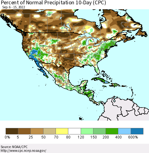 North America Percent of Normal Precipitation 10-Day (CPC) Thematic Map For 9/6/2022 - 9/15/2022