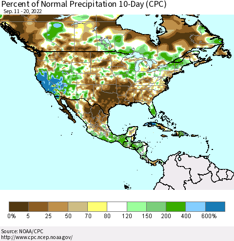 North America Percent of Normal Precipitation 10-Day (CPC) Thematic Map For 9/11/2022 - 9/20/2022