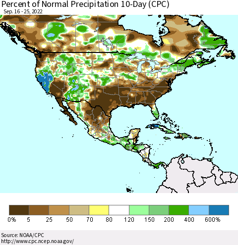 North America Percent of Normal Precipitation 10-Day (CPC) Thematic Map For 9/16/2022 - 9/25/2022