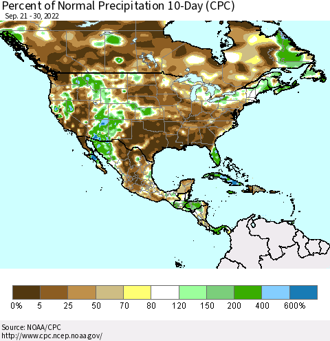 North America Percent of Normal Precipitation 10-Day (CPC) Thematic Map For 9/21/2022 - 9/30/2022