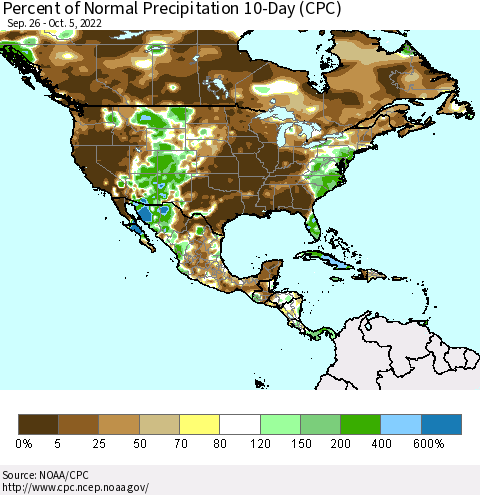 North America Percent of Normal Precipitation 10-Day (CPC) Thematic Map For 9/26/2022 - 10/5/2022