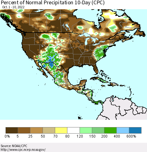North America Percent of Normal Precipitation 10-Day (CPC) Thematic Map For 10/1/2022 - 10/10/2022