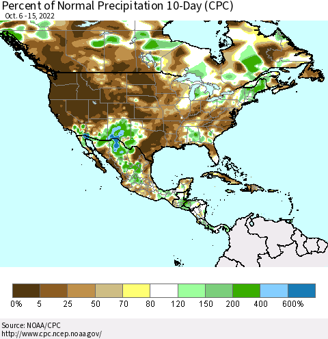 North America Percent of Normal Precipitation 10-Day (CPC) Thematic Map For 10/6/2022 - 10/15/2022