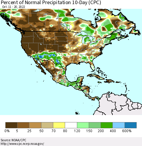 North America Percent of Normal Precipitation 10-Day (CPC) Thematic Map For 10/11/2022 - 10/20/2022