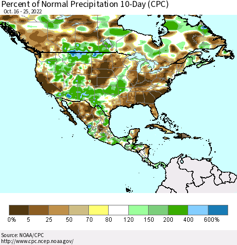 North America Percent of Normal Precipitation 10-Day (CPC) Thematic Map For 10/16/2022 - 10/25/2022