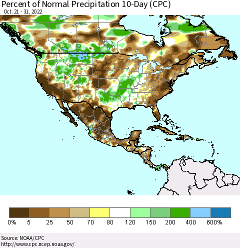 North America Percent of Normal Precipitation 10-Day (CPC) Thematic Map For 10/21/2022 - 10/31/2022