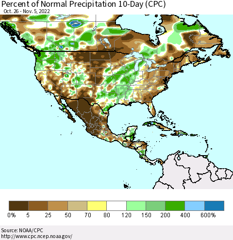 North America Percent of Normal Precipitation 10-Day (CPC) Thematic Map For 10/26/2022 - 11/5/2022